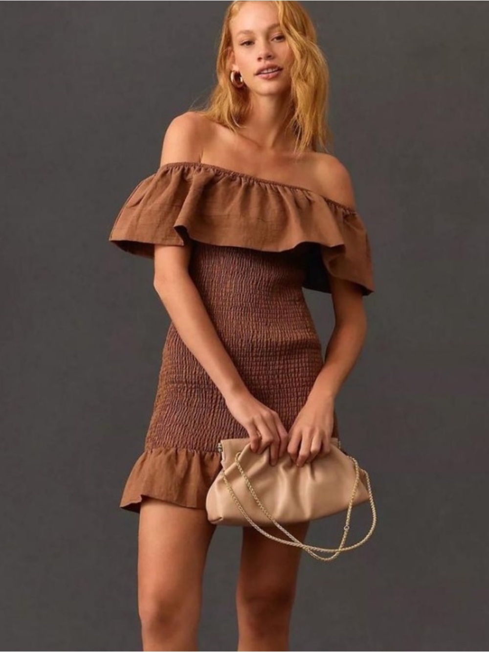 Anthropologie Off The Shoulder Smocked Mini Dress in Brown Size L
